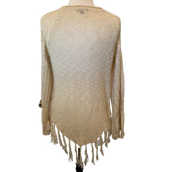A Peach Sweater Women Large Beige Fringed Pullover Crochet Bohemian Bell Sleeves - Picture 2 of 13